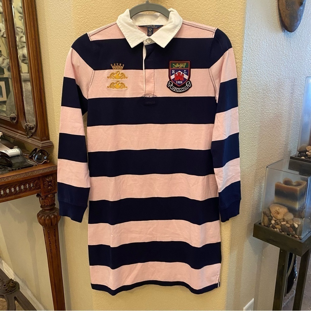 POLO RALPH LAUREN Girls Teens Embroidery Striped Rugby Dress Size 16 Yrs